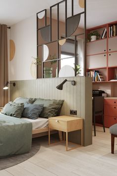 a bed sitting in a bedroom next to a wooden table and book shelf on top of a hard wood floor