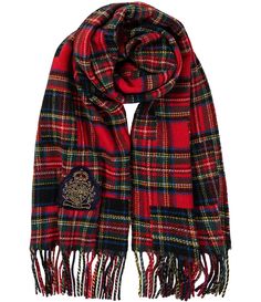 From Lauren Ralph Lauren&#x2C; this scarf features:Oblong scarfWoven fabricationPlaid printFringed endsWool/recycled polyester/nylonDry cleanApprox. 80" L x 16" WImported. Ralph Lauren Holiday, Poncho Cape, Dillard's, Red Plaid, Lauren Ralph Lauren, Cold Weather, Scarf Wrap, Black Red, Scarf Accessory