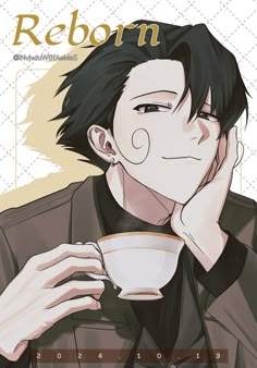 an anime character holding a coffee cup with his hand to his face and looking at the camera