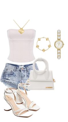 a white top and shorts outfit with high heels, bracelets, watch and purse