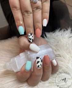 Simple Acrylic Nails Cow Print, Short Nails With Cow Print, Cow Print Design Nails, Country Nail Ideas Acrylic, Cute Cowprint Nail Designs, Short Acrylic Nails Western Simple, Acrylic Nail Cow Print, Acrylic Nails Ideas Cow Print, Western Nails Acrylic Cow Print