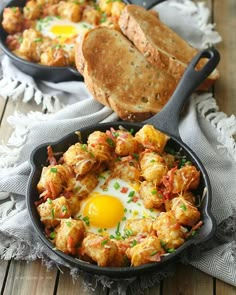 an egg in a skillet with bread on the side and twitter post about it