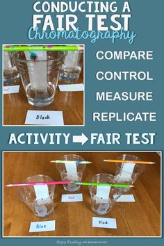 three different cups with toothbrushes in them on top of a table and below the words conducting a fair test chromatographary