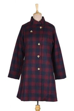 Its classic good looks will make this wool-blend car coat a favorite companion this winter. The button-front coat features a subtle plaid check fabric in wine and navy blue. The coat is fully lined in blue polyester and features shape-flattering seams on front and back. Classic Plaid Wool Coat For Fall, Check Fabric, Car Coat, T Shirts With Sayings, Shirts With Sayings, Jaipur, Wool Blend, Premium Quality, Navy Blue