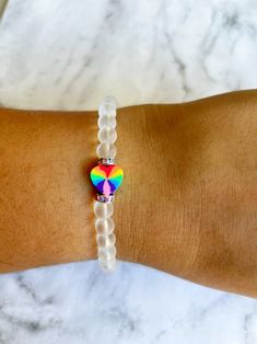 Rainbow Heart Bracelet. Frosted Beaded Bracelet. Rainbow | Etsy White Heart-shaped Adjustable Crystal Bracelet, Polymer Clay Rainbow, Clay Rainbow, Bracelet Rainbow, My Best Friend's Birthday, Bracelet Heart, Rainbow Jewelry, Rainbow Beads, Rainbow Heart