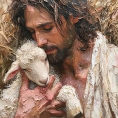 a painting of jesus holding a lamb in his arms