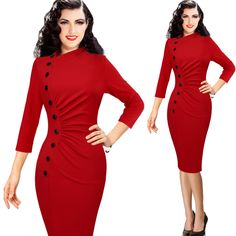 FREE SHIPPING Womens Vintage Pinup Retro Button Ruched Pleated Dress JKP3200 Formal Fitted Bodycon Dress With Buttons, Fitted Bodycon Dress With Buttons For Work, Fitted Fall Midi Dress With Buttons, Fitted Midi Dress With Buttons For Fall, Solid Stretch Dresses With Buttons, Fitted Bodycon Dress With Buttons, Fitted Knee-length Bodycon Dress With Buttons, Stretch Solid Dresses With Buttons, Stretch Midi Dress With Buttons