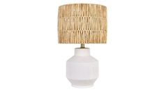 a white vase with a wicker shade on it's side and a light in the middle