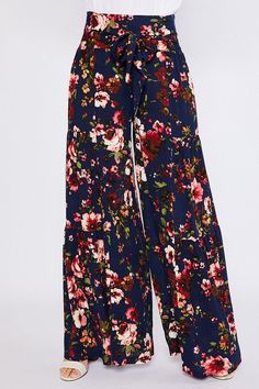 "Bluivy" Classy boho wide palazzo pants with high waist and front waist tie, elastic smocking on waist sides for fullness. Beautiful floral print. Pant hem pleated on sides for fullness. Lightweight. Semi sheer. Color: NavyWaist 28-30-32-34, approx stretch 4", Inseam 29-30 Our model is 5' 7" and wearing a small. 100% Rayon, hand wash cold, imported P5/B00254 Wide Palazzo Pants, Floral Palazzo Pants, Soft Dramatic, Print Pant, Grey Prints, Palazzo Pants, Waist Tie, Smocking, Harem Pants