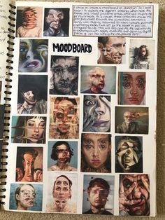 an open notebook with pictures of people and words on it that say,'moodboard '