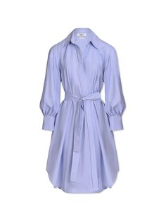 Asantii’s Bahari Dress combines a classic shirt-inspired shape with a wrap-effect front that feels so fresh. Cut from pure cotton poplin in a light blue shade, it has long, voluminous sleeves with fitted cuffs, a self-fabric belt to enhance the waist, and tonal mother-of-pearl buttons for a precious finishing touch. Add low-heeled mules and a slick of red lipstick for a chic day-to-night ensemble. - Pointed collar, long sleeves with fitted cuffs, wrap-effect front, self-fabric belt, curved hem, African Luxury, Voluminous Sleeves, Red Carpet Ready, So Fresh, Dresses Pants, Red Lipstick, Fresh Cut, Fabric Belt, Bodycon Midi