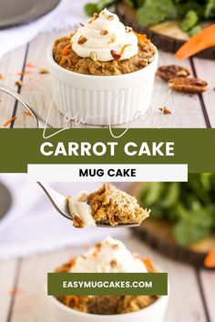 carrot cake with whipped cream on top in a white bowl and topped with chopped carrots