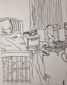 a black and white drawing of a bedroom