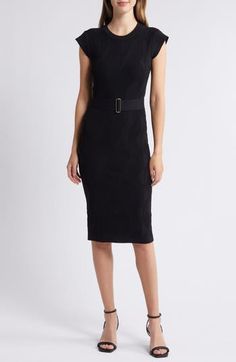 A Milano-stitch belt brings a touch of utility style to this LBD knit in a curve-hugging body-con fit from a textural jacquard and flanked with cap sleeves. 43" length (size Medium) Slips on over head Crewneck Cap sleeves Removable belt Unlined 57% rayon, 31% nylon, 12% spandex Hand wash, dry flat Imported Fitted Classic Belted Dress For Office, Classic Fitted Belted Dress For Office, Classic Fitted Belted Dress For Workwear, Fitted Dress With Belt For Date Night, Fitted Belted Dress For Date Night, Fitted Knee-length Belted Dress For Date Night, Elegant Belted Dress For Work, Chic Fitted Belted Dress For Night Out, Elegant Fitted Belted Dress For Date Night