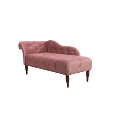 a pink chaise lounger with wooden legs