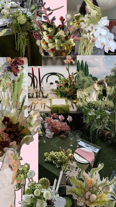 a collage of photos with flowers and greenery