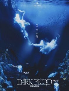 the movie poster for dark blood is shown in blue water with fish swimming around it