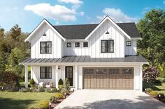 this is an artist's rendering of the front elevation of these farmhouse style home plans