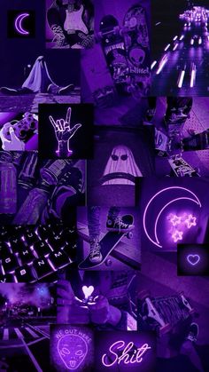 a collage of purple images with neon lights