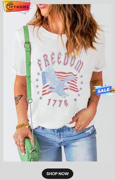 White Freedom Eagle Flag Print 1776 Graphic Tee Leopard Print Shorts, American Flag Print, Floral Print Design, Graphic Style, Round Neck Tees, Hangzhou, American Shirts, Printed Sweater, Graphic Tee Shirts