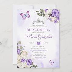 an elegant purple and white wedding card with roses, butterflies and watercolors on it