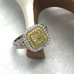 GIA 1.57Ct Cushion Cut Fancy Yellow Diamond Engagement Ring 18k White Gold #ATRJewelry #SolitairewithAccents Engagement Ring Double Halo, Engagement Ring Double, Cushion Cut Diamond Engagement Ring, Yellow Diamond Engagement Ring, Yellow Cushion, Cushion Cut Diamond Ring, Fancy Yellow Diamond, Cushion Cut Diamond, Double Halo