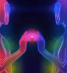 two people are touching each other with neon lights on their hands and the image appears to be glowing