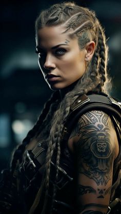 a woman with long braids and tattoos on her arm is looking at the camera