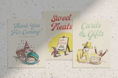 three greeting cards with cartoon characters on them