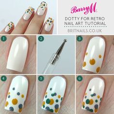 Dotty For Retro Nail Art Tutorial For Barry M (via Bloglovin.com ) Nail Art Techniques Step By Step, Nails Techniques, Dotting Tool Nail Art, Mustard Nails, Dotty Nails, Retro Nail Art, Butterflies Nails, Nail Art Dotting Tool, Nail Party