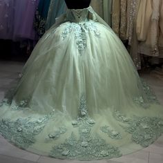 Green Wedding Gown With Floral Applique, Green Floral Applique Wedding Gown, Green Lace Gown For Quinceanera, Green Ball Gown Quinceanera Dress For Wedding, Green Lace Ball Gown For Wedding, Green Lace Wedding Ball Gown, Princess Style Wedding Ball Gown With Floral Applique, Princess Style Floral Applique Ball Gown For Wedding, Green Lace Ball Gown For Debutante Ball