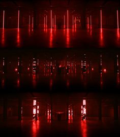 four different images of red lights in a dark room with reflections on the floor and walls