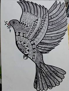 a black and white drawing of a bird with intricate designs on it's wings