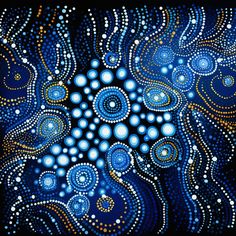 an abstract painting with blue circles and dots on black background, done in acrylic paint