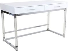 a white desk with two drawers and chrome legs