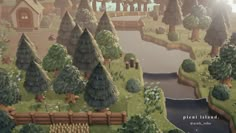 an animated landscape with trees, water and buildings