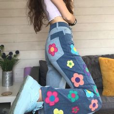 Vintage Flower Patchwork Jeans Woman High Waist Denim · Shop Zola · Online Store Powered by Storenvy Vestiti In Jeans, Celana Fashion, Jeans Patchwork, Mode Pop, Floral Jeans, Painted Jeans, Cute Pants, Patchwork Jeans, Painted Clothes