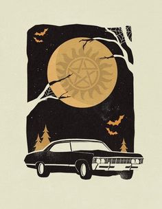 an old car is parked in front of a full moon and tree with bats on it