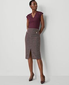 With polished button welt pockets, our tweed pencil skirt steps out with a sleek front slit. Front slit. Hidden back zipper with hook-and-eye closure.,Hit:Hits below the knee,Imported:Imported,Length:26 1/2" long,Fabrication:Shell: 55% Cotton, 45% Acrylic; Lining: 100% Polyester,Garment Care:Machine Washable Tweed Button Pencil Skirt by Ann Taylor Size regular - 0 Burgundy Combo Women's Pencil, Skirts, Shell 55%, Cotton, 45%, Acrylic Lining 100%, Polyester, Machine, Washable Capsule Wardrobe Essentials, Tweed Pencil Skirt, Blazer And Skirt, Pencil Skirts, Sleepwear & Loungewear, Petite Fashion, Trending Now, Welt Pockets, Capsule Wardrobe