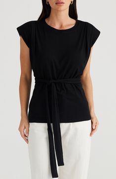 Shoulder pads and a belted waist add just the right amount of structure to a cap-sleeve top that's perfect for the office and beyond. 24" length (size Medium) Jewel neck Cap sleeves Removable tie belt 65% viscose, 30% polyester, 5% elastane Machine wash, line dry Imported Fitted Black Top With Tie Waist, Short Sleeve Tie Waist Tops For Work, Tie Waist Short Sleeve Tops For Office, Tie Waist Short Sleeve Tops For Work, Short Sleeve Tops With Tie Waist For Work, Casual Belted Tops For Work, Versatile Workwear Tops With Tie Waist, Versatile Tie Waist Tops For Work, Versatile Tops With Tie Waist For Work