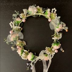 Crown Halo Headpiece With Ribbon And Pearls. It’s All Neutral Colors White, Pink, Gold And Green So Would Go With Most Outfits. Never Worn Halo Headpiece, Crown Halo, Hair Wreath, Pink Headbands, Gold And Green, Floral Garland, Headband Hair, Grad Party, Grad Parties