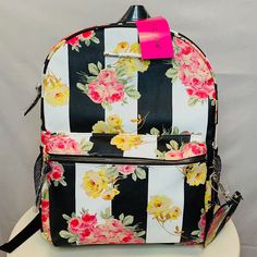 Betsey Johnson Backpack Approx 15"Hx9 Wx5.5"D Coin Purse 3.5x4.5" Body 100% Pu Rim 100% Pu Lining 100% Polyester Top Carry Handle Dual Shoulders Straps Top Zip Closer Side Mesh Pocket Exterior Zip Pocket White Floral Print School Bag, White Spring Backpack With Adjustable Strap, White Backpack With Adjustable Strap For Spring, White Backpack With Zipper Closure For Spring, White Standard Backpack For Spring, Black Backpack For Spring, Velvet Backpack, Unicorn Backpack, White Backpack