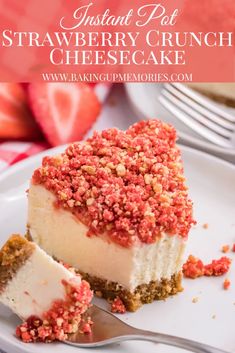 a slice of strawberry crumb cheesecake on a white plate