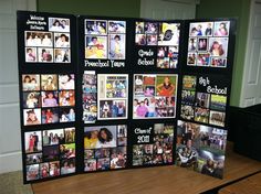 a black and white photo collage is displayed on a wooden table with other photos