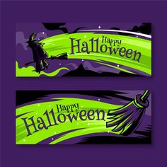 two halloween banners with witches flying on brooms and the words happy halloween written in green