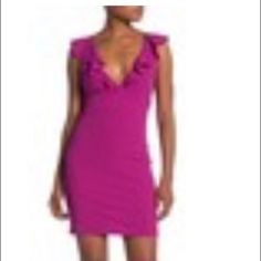 Sexy Deep V Neck Ruffle Strap Mini Dress Brand New Color: Magenta Size: Large 97% Polyester 3% Spandex Machine Washable Flirty Elastane Mini Dress For Date Night, Spring Ruffled Elastane Mini Dress, Elastane Ruffle Dress For Night Out, Night Out Elastane Dress With Ruffles, Elastane Dresses With Ruffles For Night Out, Elastane Dress With Ruffles For Night Out, Flirty Elastane Bodycon Dress For Date Night, Flattering V-neck Bodycon Summer Dress, Flirty Purple Bodycon Dress