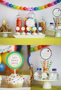 a table topped with lots of cupcakes and candy