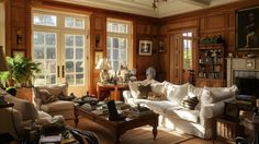 a living room filled with lots of furniture next to large windows and wooden paneled walls