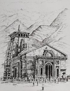 an ink drawing of a building with mountains in the background and people walking around it