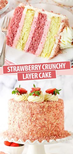 strawberry crunch layer cake with white frosting and strawberries on top